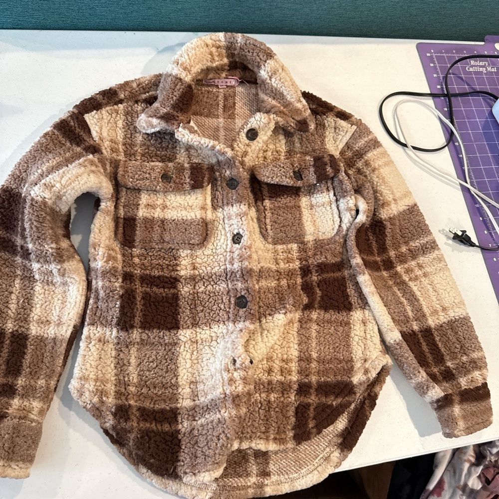 Crave Fame Women's Plaid Fleece Shirt - Brown and Cream